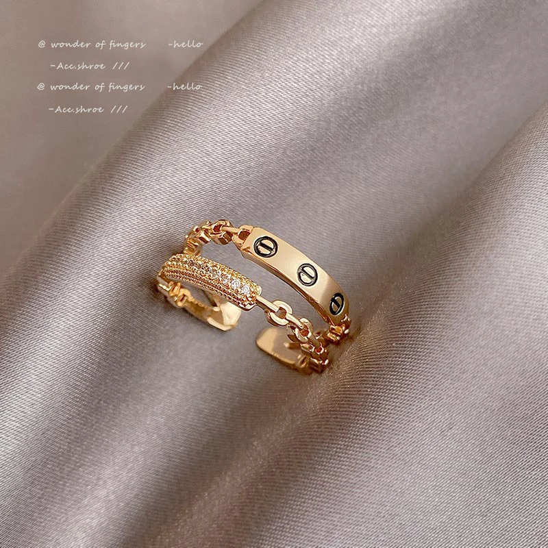 Design Sense Gold Double Layer Chain Open Rings For Woman Student Girl&#39;s Fashion - £13.66 GBP