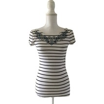 Vintage 90s Women&#39;s Black &amp; White Striped Embellished form Fitting Top S... - £13.07 GBP