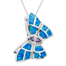 Sterling Silver Blue Inlay Opal Butterfly w/ Center Amethyst CZ Pendant - £117.70 GBP