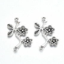 2 Flower Branch Connector Charms Cherry Blossom Antiqued Silver Link Pen... - $4.75