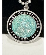 Vintage ST. CHRISTOPHER Medal Charm Enamel Green  Silvertone Metal Surfe... - $80.00