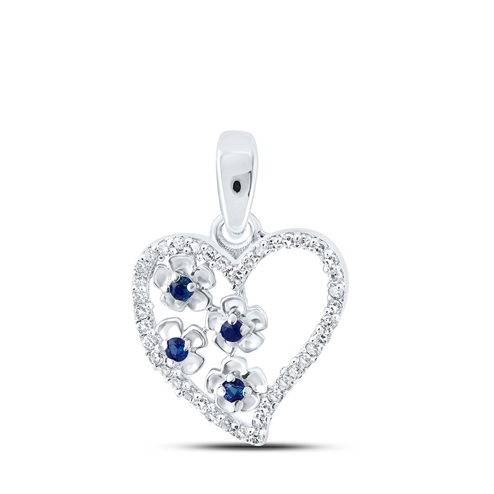 Primary image for 10kt White Gold Womens Round Blue Sapphire Diamond Heart Pendant 1/8 Cttw