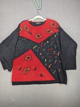 Carole Little Sweater Women&#39;s Large Red Black Breaded Fringe Embroidered... - $28.04