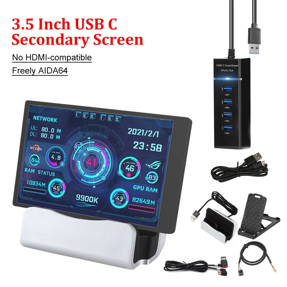 UYANGG Computer Monitor 3.5 Inch IPS LCD Monitor Display Light USB Display Sub-S - £70.11 GBP