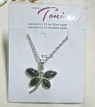 Toni Genuine Black Agate Gemstone Dragon Fly Necklace 18&quot; Silvertone - £6.35 GBP