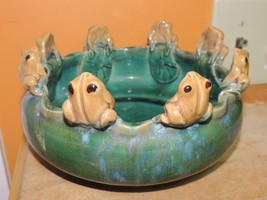 Frog &amp; Lily Pads 8&quot;x4&quot; Chinese Bowl Planter Polychrome Drip Glaze Majoli... - $63.18 CAD