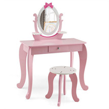 Kid Vanity Table Stool Set with Oval Rotatable Mirror-Pink - $143.69
