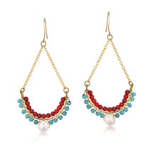 Bohemian Teardrop Red Coral and Blue Turquoise &amp; Pearl Brass Chandelier Earrings - £11.37 GBP