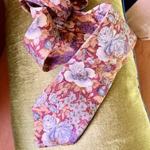 Vintage 1980s Lands End Floral Roses Red Pink Silk Necktie Woven Classic... - $34.65