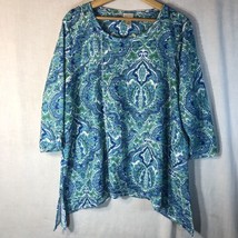 Zenergy Chico&#39;s Size 3 xl Green White Blue Geometric Knit Shirt Textured - £19.71 GBP