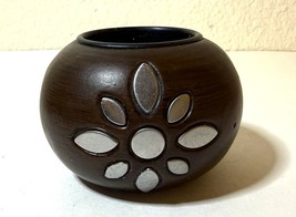 Dark Brown Wood Tea Light Candle Holder w/ Silver Flower Detail Design V... - $5.50