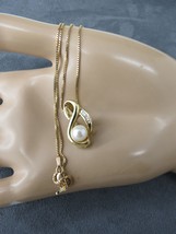 14k Baguette Diamond Pearl Pendant Necklace Yellow Gold 18&quot; Chain 6.18 Grams - £398.80 GBP