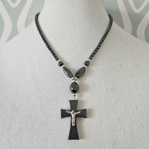 Hematite Beaded Necklace w Crucifix Cross - $21.09