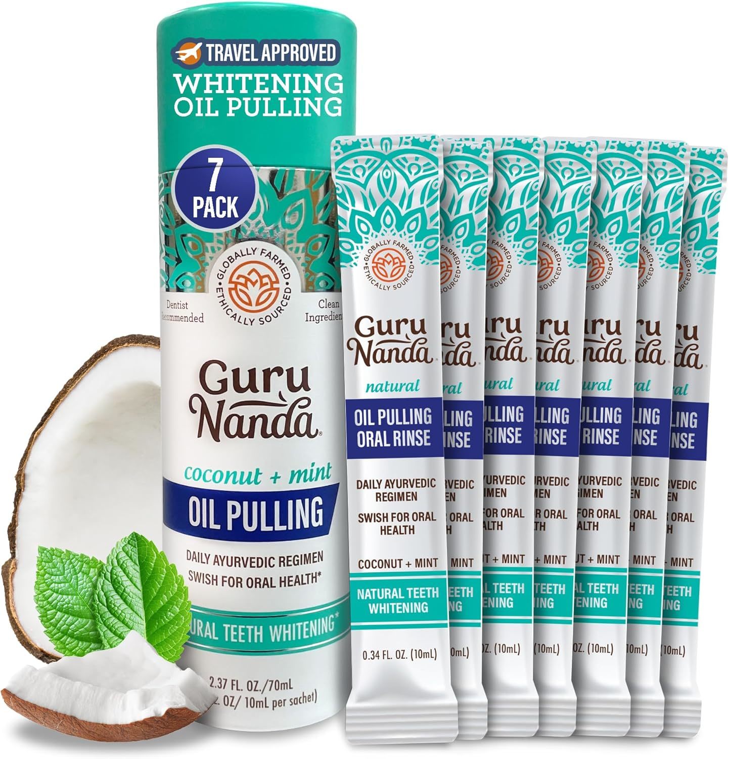 GuruNanda Coconut Oil Pulling Travel Sachets Fresh Breath & Whitening 7 Sachets
