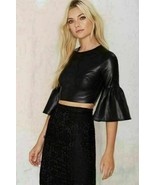 Black Women&#39;s Top Real Lambskin Leather Handmade Party Stylish Casual Cl... - $140.66 CAD