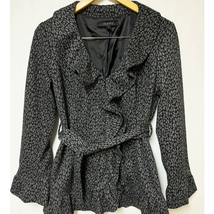 Sandro Studio Womens Leopard Ruffle Belted Jacket Black Gray Small - £27.13 GBP