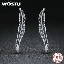 WOSTU 925 Silver Vintage Feather Wings Cuff Drop Earrings Oxidized Silver Dangle - £12.38 GBP