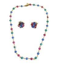 Swarovski Multi color Crystal Bezel Necklace Clip On Earring Set Gold 20&quot; Vtg  - $64.30