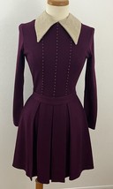 Vintage 70s Wool Dress Pleated Skirt Dagger Collar Plum Sz 11 - £54.36 GBP