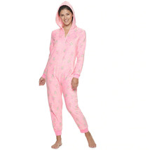 Hooded PINK Cups Plush Velour One-Piece Pajamas - Medium - £32.47 GBP