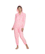 Hooded PINK Cups Plush Velour One-Piece Pajamas - Medium - £31.97 GBP