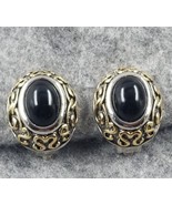VTG Oval Black Stone Swirl Silver Gold Two Tone Clip On Earrings Costume... - $12.99