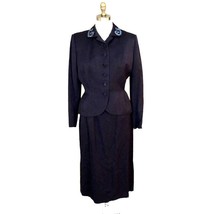 Vtg Retro Womens 1940s Suit Wool Ladies Suit WW2 Navy Blue Embellished Collar S - $221.86