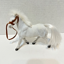 Vintage White Flocked Plastic Horse with Bridle Faux Fur Mane Tail 5&quot; - $9.29