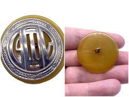 LARGE Vintage Bakelite Button Yellow Thick Silver Metal Overlay 1.25&quot; - $27.87