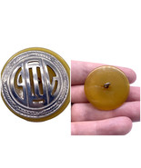 LARGE Vintage Bakelite Button Yellow Thick Silver Metal Overlay 1.25&quot; - $27.87