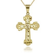 14K Solid Gold Sparkle Cut Filigree Ornate Cross Pendant Necklace - £142.26 GBP+