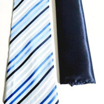 New KaiLong Mens Hand Made Silk NeckTie Blue Stripes Solid silk handkerc... - £25.57 GBP