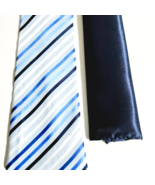 New KaiLong Mens Hand Made Silk NeckTie Blue Stripes Solid silk handkerc... - £25.21 GBP