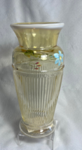 Fenton Art Glass Yellow Opalescent Vase ALS Handpainted Piece White Crested Rim - $79.95