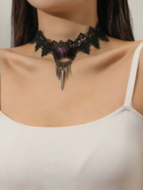 Black Lace Center Rose and Spikes Choker Necklace - £5.99 GBP