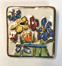Porcelain Ceramic Art W/Multiple Colored Flowers Framed &amp; Detailed In Gold - £7.18 GBP