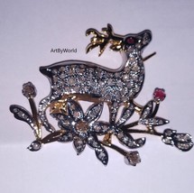 Rose Cut Diamond Deer And Flower Brooch,  Art Deco Brooch, Handmade Brooch - £318.54 GBP