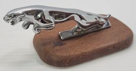 *B2) Vintage Leaping Jaguar Cat OEM Metal Hood Ornament Wooden Base 7242... - $79.19
