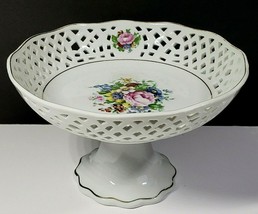 Vintage Reticulated Compote Floral Hand Painted Candy Nut Bowl - £16.98 GBP
