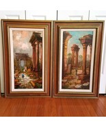 Set of 2 Vintage Oil Paintings European Scene Column Archtiecture Framed... - £158.67 GBP