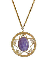 Amethyst Stone In Large Vintage Pendant 2 In Diameter On 24 Inch Gold Tone Chain - £19.92 GBP