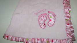 Small Baby Blanket Plush pink Satin Trim Sweet feet footprints polka dots FLAW - £14.08 GBP