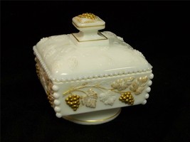 Vintage Milk Glass Westmoreland Paneled Grape Gold Painted Covered Candy Dish - £23.18 GBP