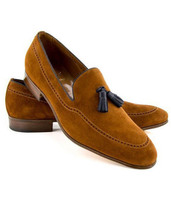 Men Brown Handmade Suede Leather Loafers Slips On Black Tassel Rounded Toe Shoes - £127.07 GBP