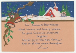 Vintage Christmas Card Red Cottage in Snow Gold Bells 1946 - $7.91