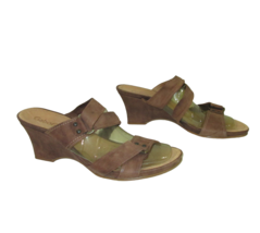 Gabor Slide Sandals Womens Size 7.5 Triple Strap Brown Faux Leather Wedg... - $12.86