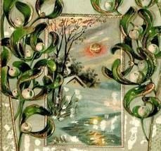 c1910 Christmas Greetings Postcard Winter Scene Mistletoe Holly Berries ... - $6.49