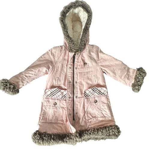 Burberry Girls Pink Hooded Coat Fur Trim Quilted Lined Nova Check Size 2Y - £48.40 GBP
