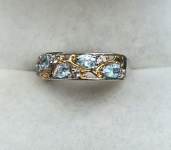Natural Aquamarine &amp; Zircon Ring in Platinum Over 925 Sterling/Gold Accent  Sz 6 - £55.32 GBP