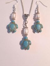 Pearl Turquoise Turtle Silver jewelry set necklace earrings Boho set Tur... - $73.24 CAD